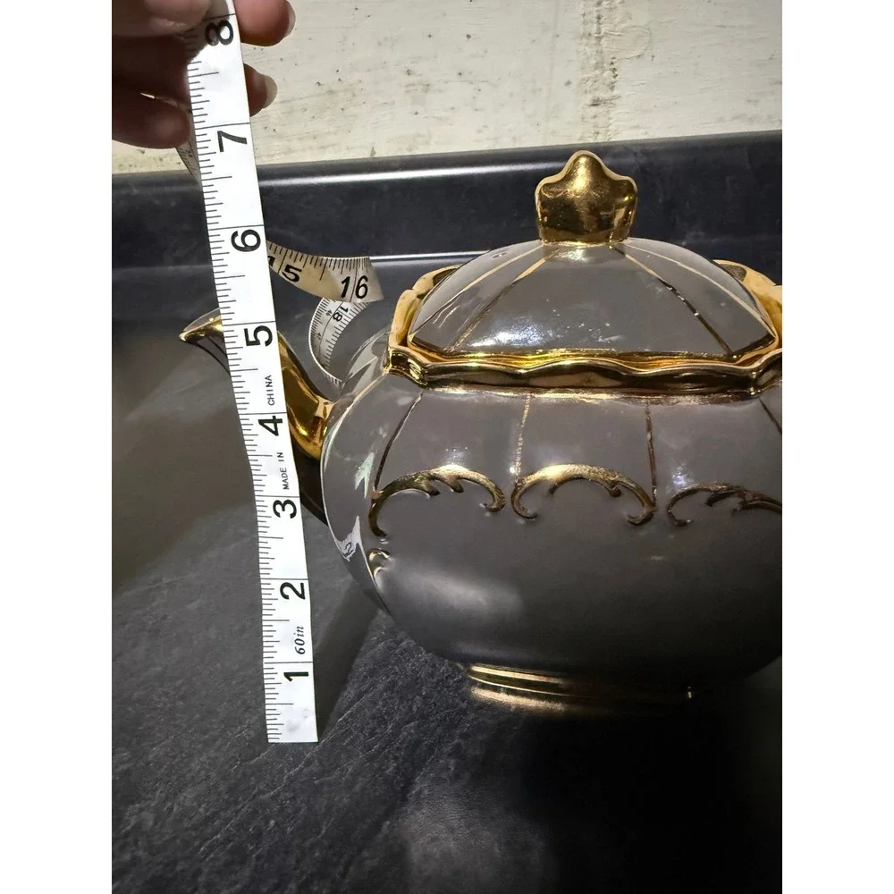Sadler Cube Vtg Gray Ceramic Teapot 22k Gold Gilt Trim Ornate Scroll Design 1922
